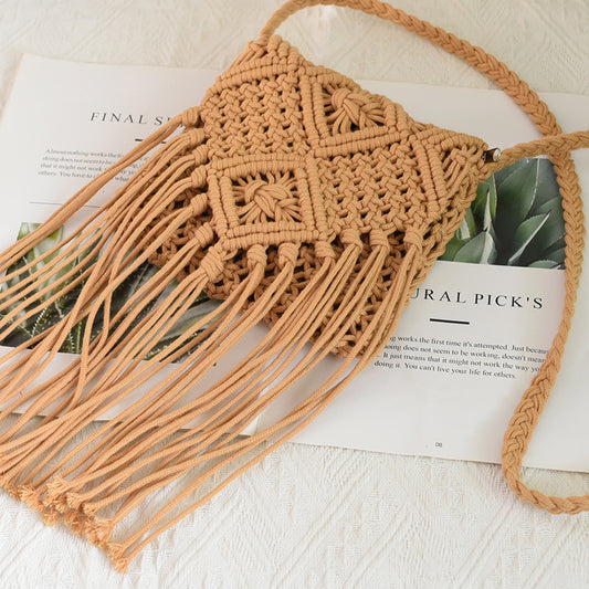 Boho Macrame Fringe Crossbody Bag – Handmade Woven Purse