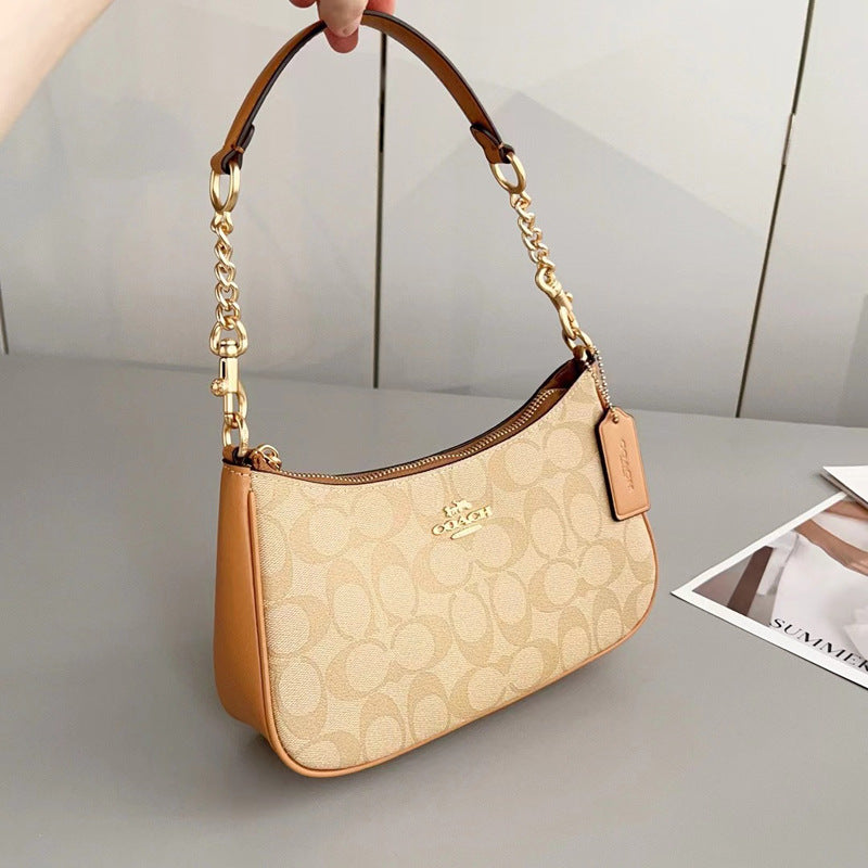 Coach Signature Print Shoulder Bag - Navy/Khaki/Cream | Metal Chain Strap | Luxury Fashion Handbag