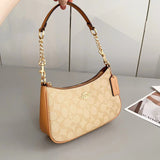 Coach Signature Print Shoulder Bag - Navy/Khaki/Cream | Metal Chain Strap | Luxury Fashion Handbag