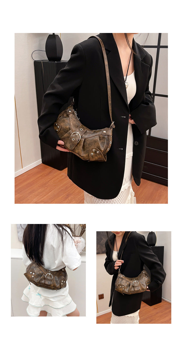 Retro Biker Style Shoulder Bag – Rivet Buckle Crescent Handbag
