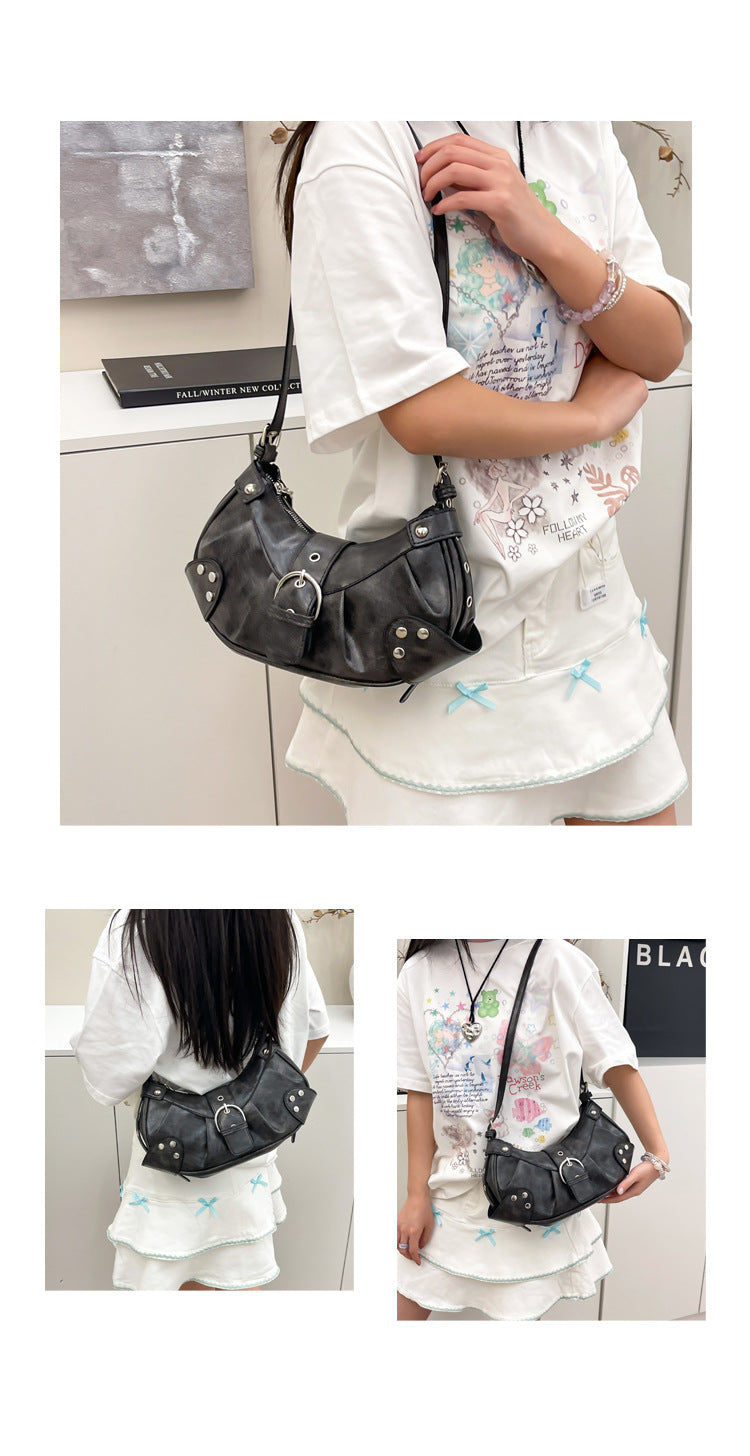Retro Biker Style Shoulder Bag – Rivet Buckle Crescent Handbag