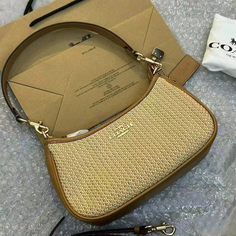 Coach Signature Print Shoulder Bag - Navy/Khaki/Cream | Metal Chain Strap | Luxury Fashion Handbag