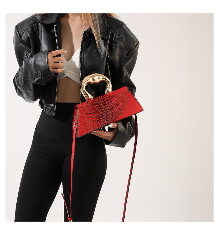 Luxury Croc Embossed Handbag with Gold Metal Handle – Modern Minimalist Glam
