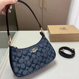 Coach Signature Print Shoulder Bag - Navy/Khaki/Cream | Metal Chain Strap | Luxury Fashion Handbag
