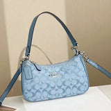 Coach Signature Print Shoulder Bag - Navy/Khaki/Cream | Metal Chain Strap | Luxury Fashion Handbag