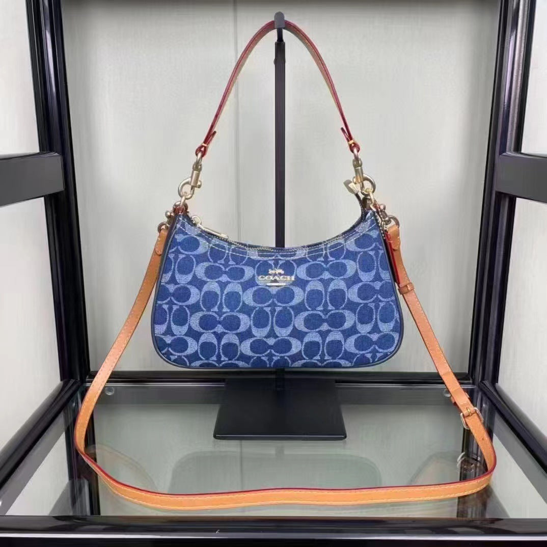Coach Signature Print Shoulder Bag - Navy/Khaki/Cream | Metal Chain Strap | Luxury Fashion Handbag