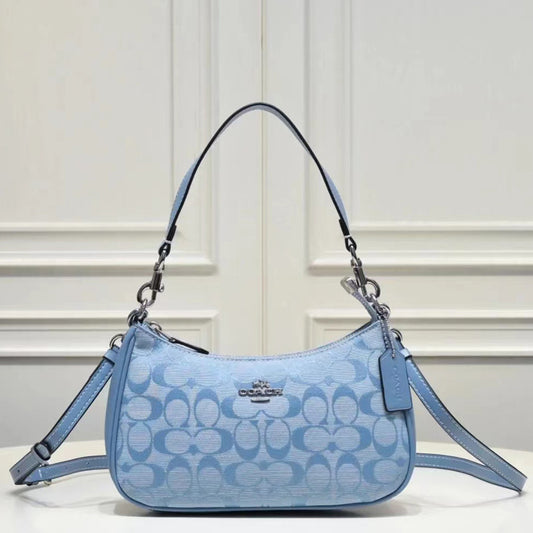 Coach Signature Print Shoulder Bag - Navy/Khaki/Cream | Metal Chain Strap | Luxury Fashion Handbag