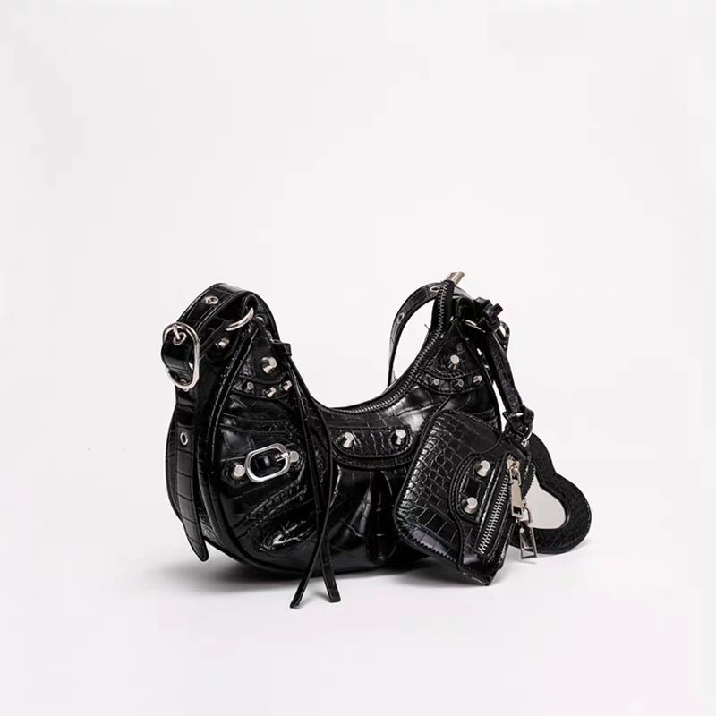 Black Croc Punk Shoulder Bag | Multi-Pocket Baguette with Chain & Heart Mirror Charm
