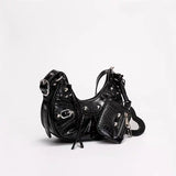 Black Croc Punk Shoulder Bag | Multi-Pocket Baguette with Chain & Heart Mirror Charm