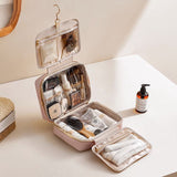 Multi-Layer Travel Makeup Bag – Soft Pink, Large Capacity with Hanging Hook