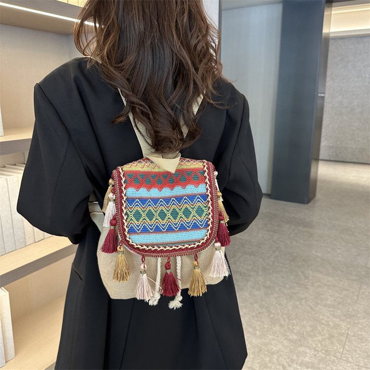 Boho Chic Embroidered Tassel Backpack – Vintage Ethnic Style for Free Spirits