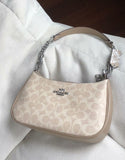 Coach Signature Print Shoulder Bag - Navy/Khaki/Cream | Metal Chain Strap | Luxury Fashion Handbag