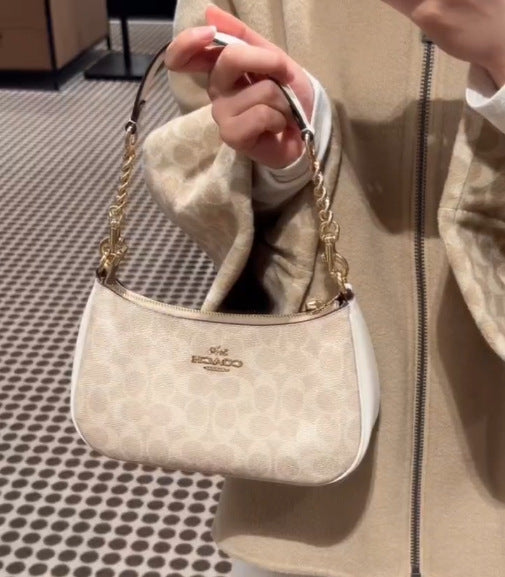 Coach Signature Print Shoulder Bag - Navy/Khaki/Cream | Metal Chain Strap | Luxury Fashion Handbag