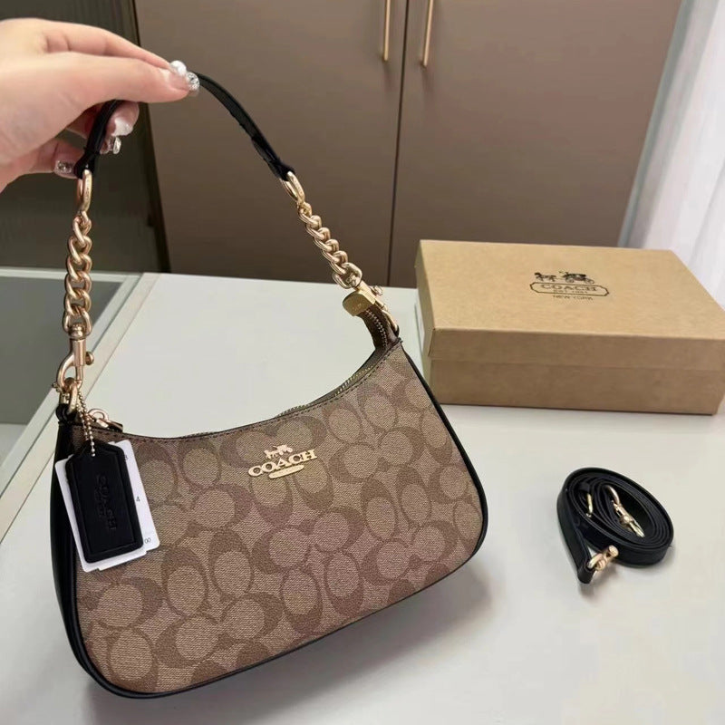 Coach Signature Print Shoulder Bag - Navy/Khaki/Cream | Metal Chain Strap | Luxury Fashion Handbag