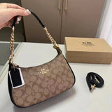 Coach Signature Print Shoulder Bag - Navy/Khaki/Cream | Metal Chain Strap | Luxury Fashion Handbag