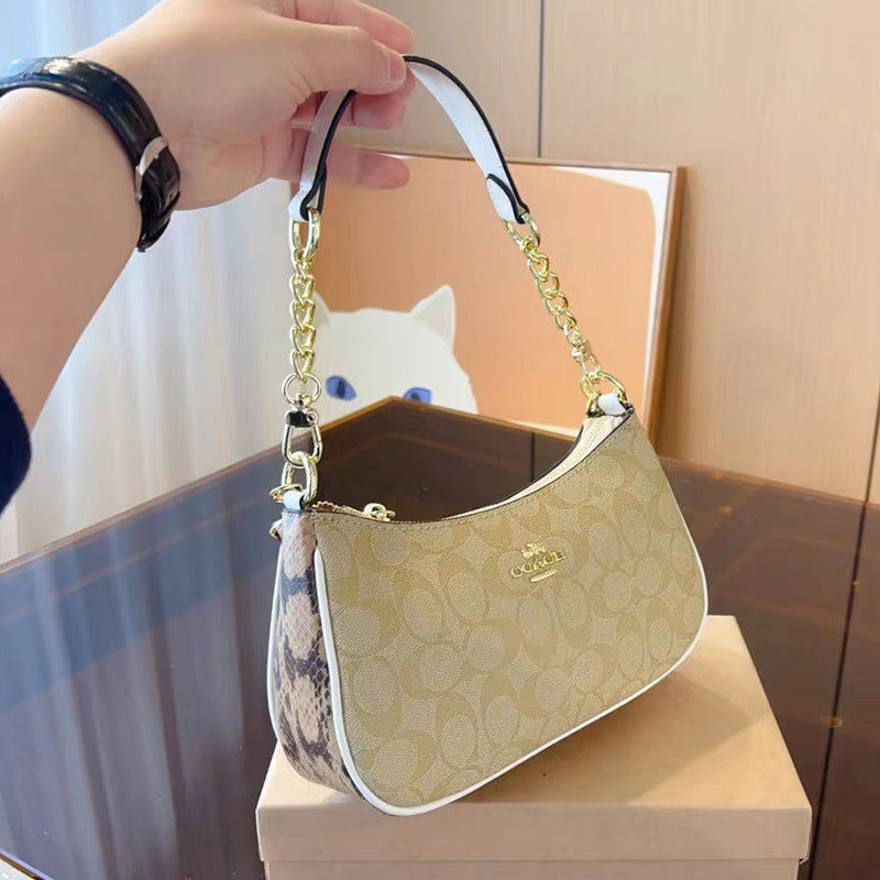 Coach Signature Print Shoulder Bag - Navy/Khaki/Cream | Metal Chain Strap | Luxury Fashion Handbag
