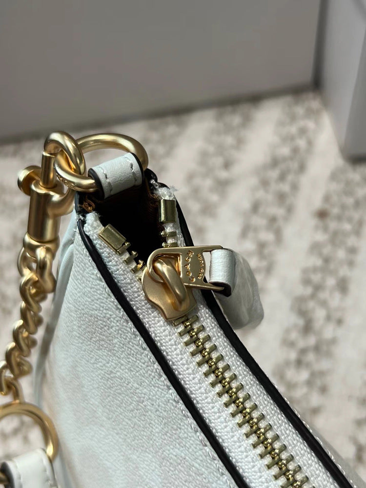 Coach Signature Print Shoulder Bag - Navy/Khaki/Cream | Metal Chain Strap | Luxury Fashion Handbag