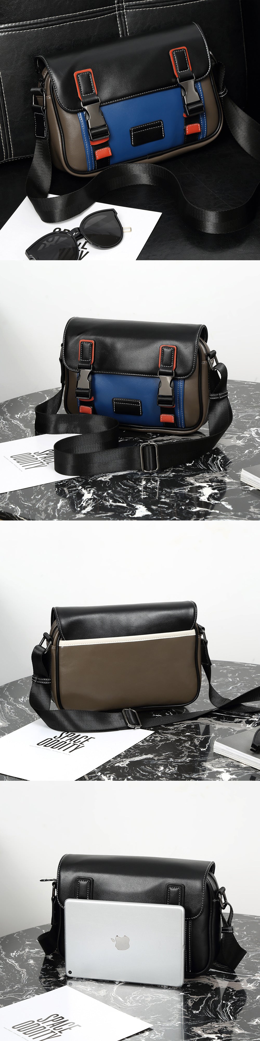 Men’s Color-Block Messenger Bag – Retro Utility Crossbody with Buckle Design
