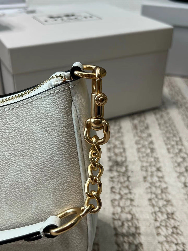Coach Signature Print Shoulder Bag - Navy/Khaki/Cream | Metal Chain Strap | Luxury Fashion Handbag