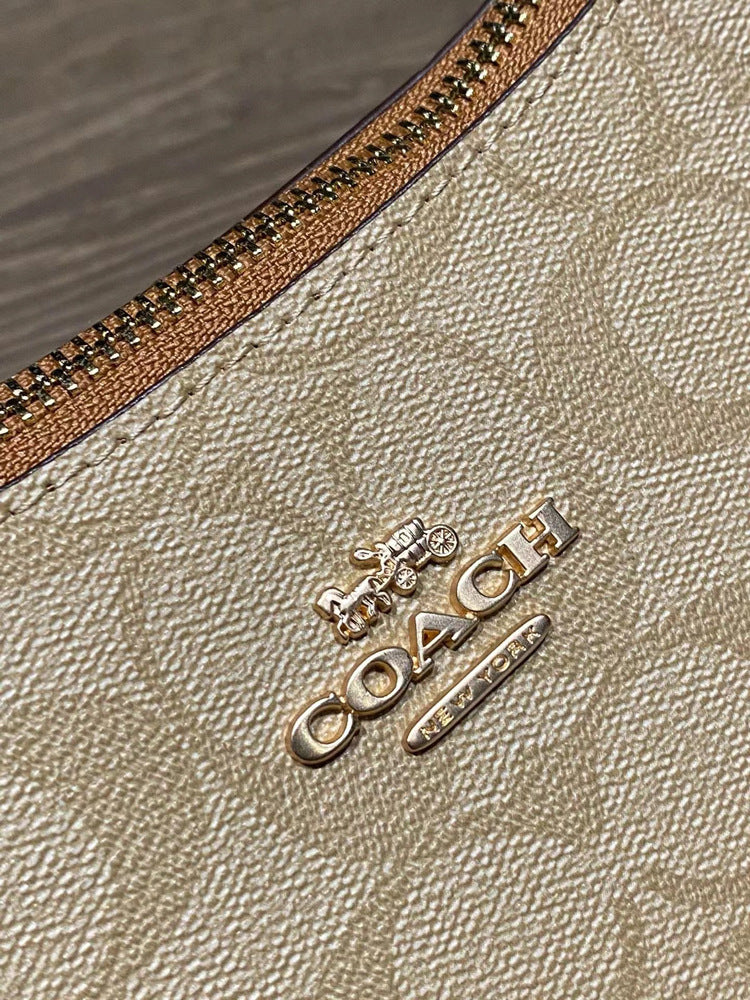 Coach Signature Print Shoulder Bag - Navy/Khaki/Cream | Metal Chain Strap | Luxury Fashion Handbag