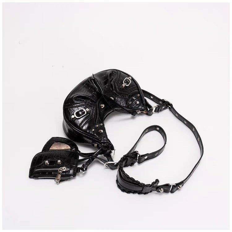 Black Croc Punk Shoulder Bag | Multi-Pocket Baguette with Chain & Heart Mirror Charm