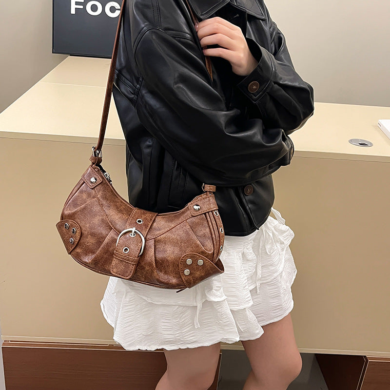 Retro Biker Style Shoulder Bag – Rivet Buckle Crescent Handbag