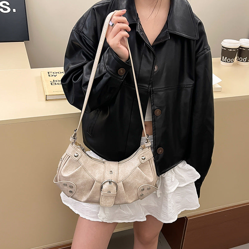 Retro Biker Style Shoulder Bag – Rivet Buckle Crescent Handbag
