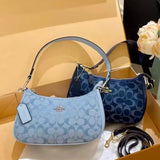 Coach Signature Print Shoulder Bag - Navy/Khaki/Cream | Metal Chain Strap | Luxury Fashion Handbag