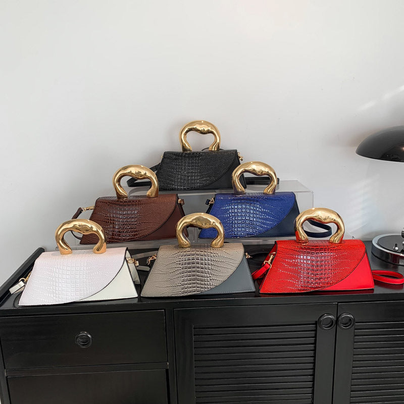 Luxury Croc Embossed Handbag with Gold Metal Handle – Modern Minimalist Glam