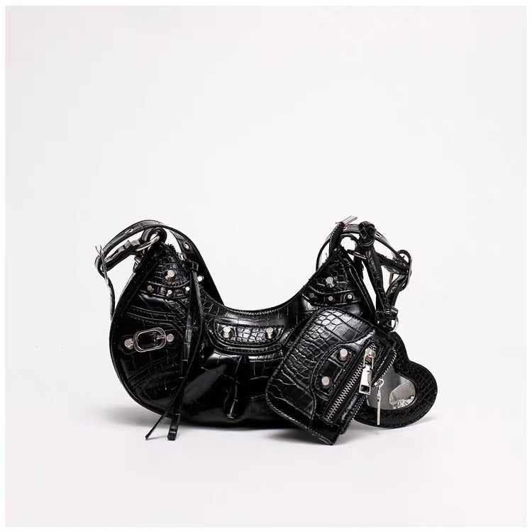 Black Croc Punk Shoulder Bag | Multi-Pocket Baguette with Chain & Heart Mirror Charm