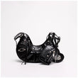 Black Croc Punk Shoulder Bag | Multi-Pocket Baguette with Chain & Heart Mirror Charm