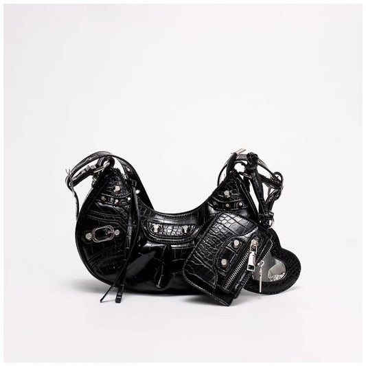 Black Croc Punk Shoulder Bag | Multi-Pocket Baguette with Chain & Heart Mirror Charm