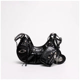 Black Croc Punk Shoulder Bag | Multi-Pocket Baguette with Chain & Heart Mirror Charm
