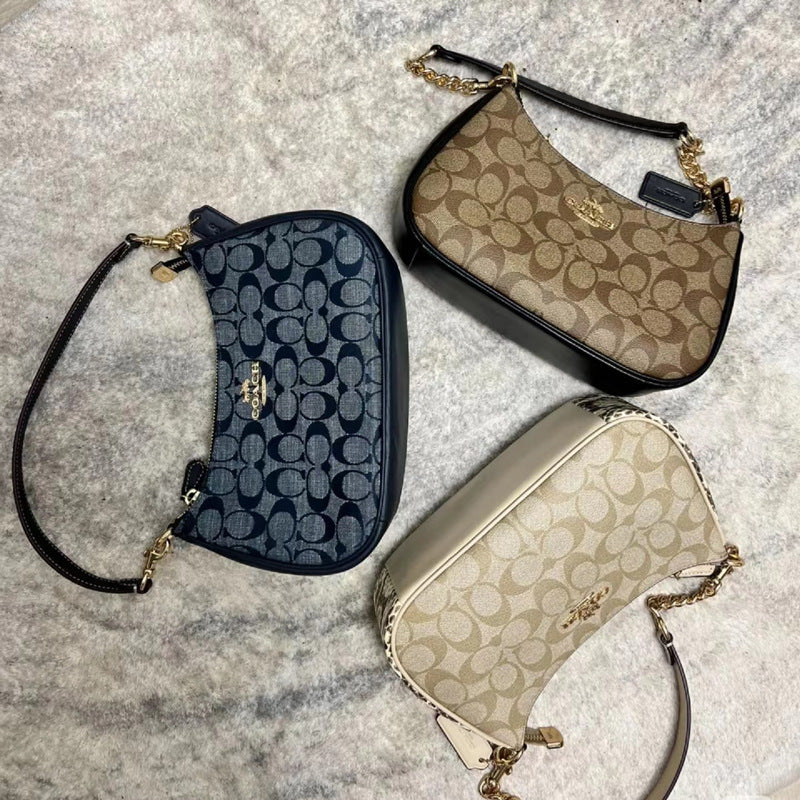 Coach Signature Print Shoulder Bag - Navy/Khaki/Cream | Metal Chain Strap | Luxury Fashion Handbag