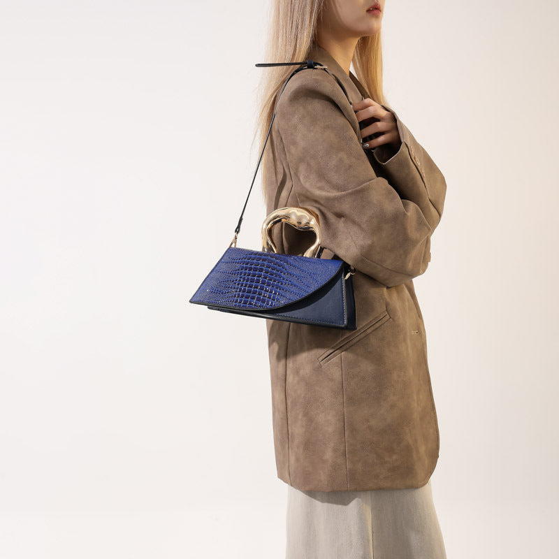 Luxury Croc Embossed Handbag with Gold Metal Handle – Modern Minimalist Glam