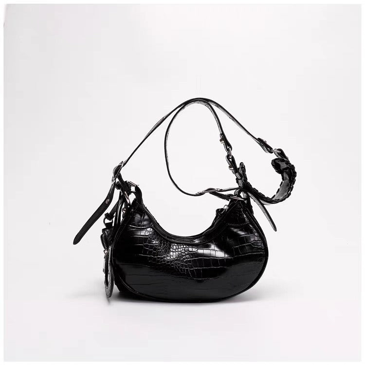 Black Croc Punk Shoulder Bag | Multi-Pocket Baguette with Chain & Heart Mirror Charm