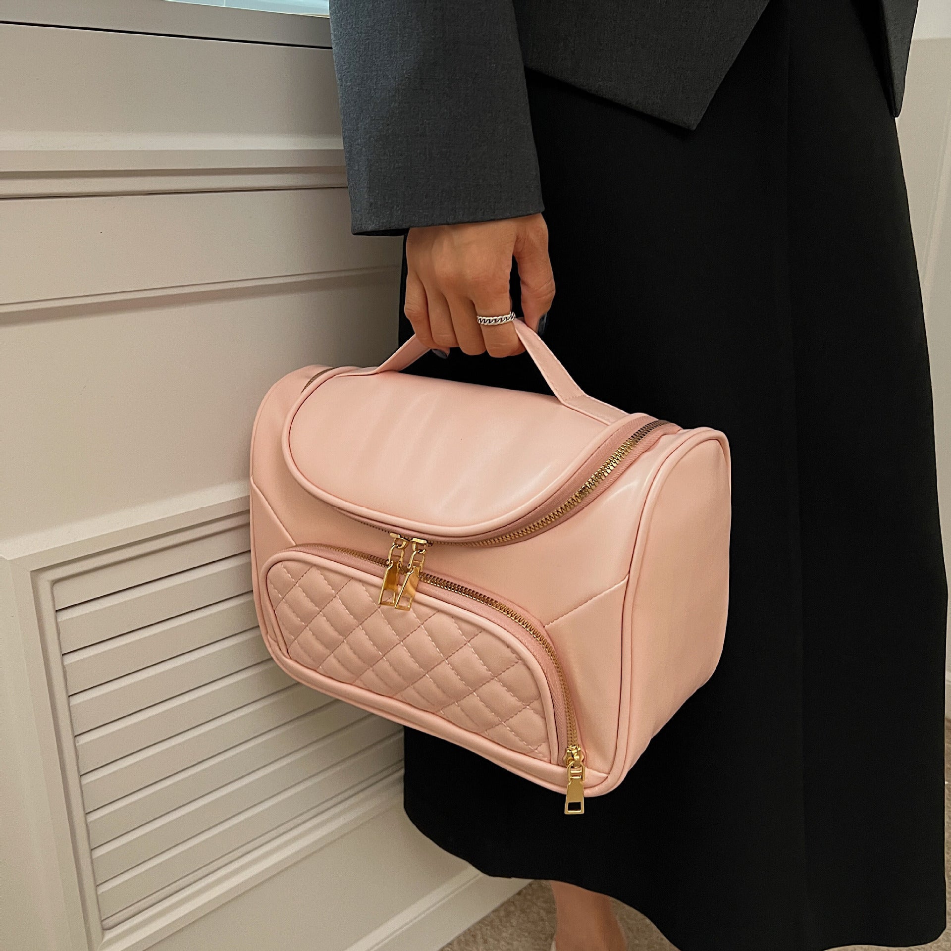 Simple Diamond Embroidery Thread Portable Large Capacity Cosmetic Bag Pu Portable Storage Bag Good-looking Pure Color All-matching Wash Bag
