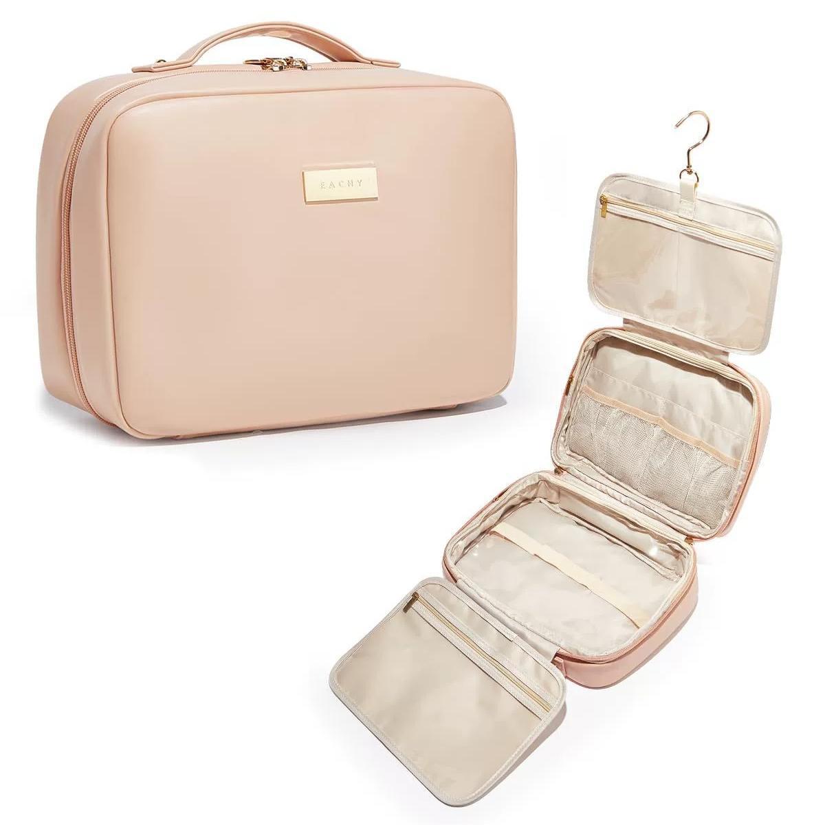 Multi-Layer Travel Makeup Bag – Soft Pink, Large Capacity with Hanging Hook