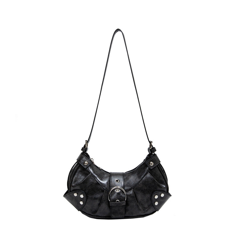 Retro Biker Style Shoulder Bag – Rivet Buckle Crescent Handbag