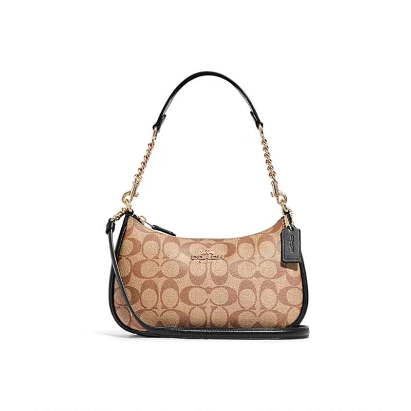 Coach Signature Print Shoulder Bag - Navy/Khaki/Cream | Metal Chain Strap | Luxury Fashion Handbag
