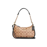 Coach Signature Print Shoulder Bag - Navy/Khaki/Cream | Metal Chain Strap | Luxury Fashion Handbag