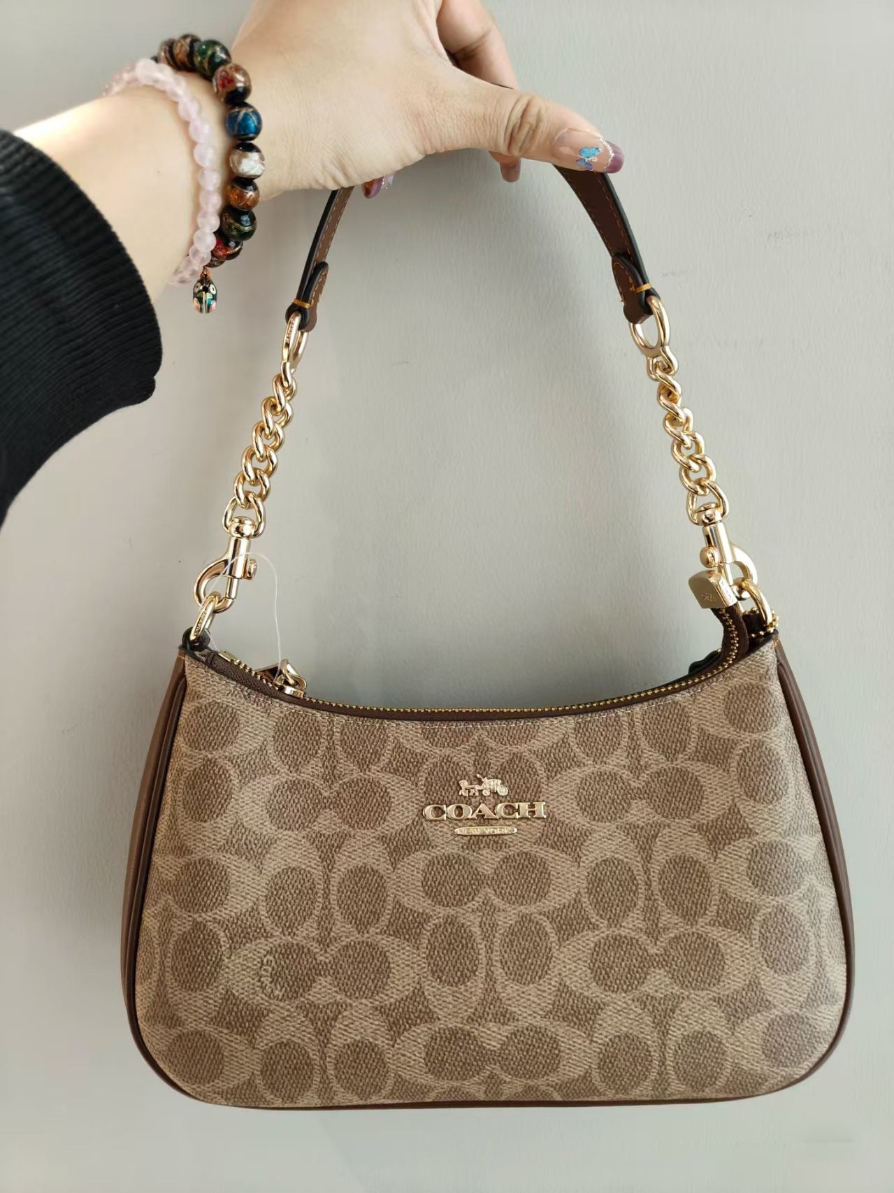 Coach Signature Print Shoulder Bag - Navy/Khaki/Cream | Metal Chain Strap | Luxury Fashion Handbag