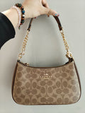 Coach Signature Print Shoulder Bag - Navy/Khaki/Cream | Metal Chain Strap | Luxury Fashion Handbag