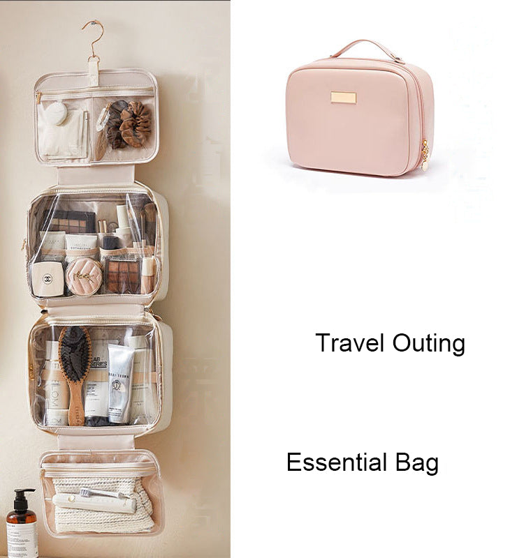 Multi-Layer Travel Makeup Bag – Soft Pink, Large Capacity with Hanging Hook