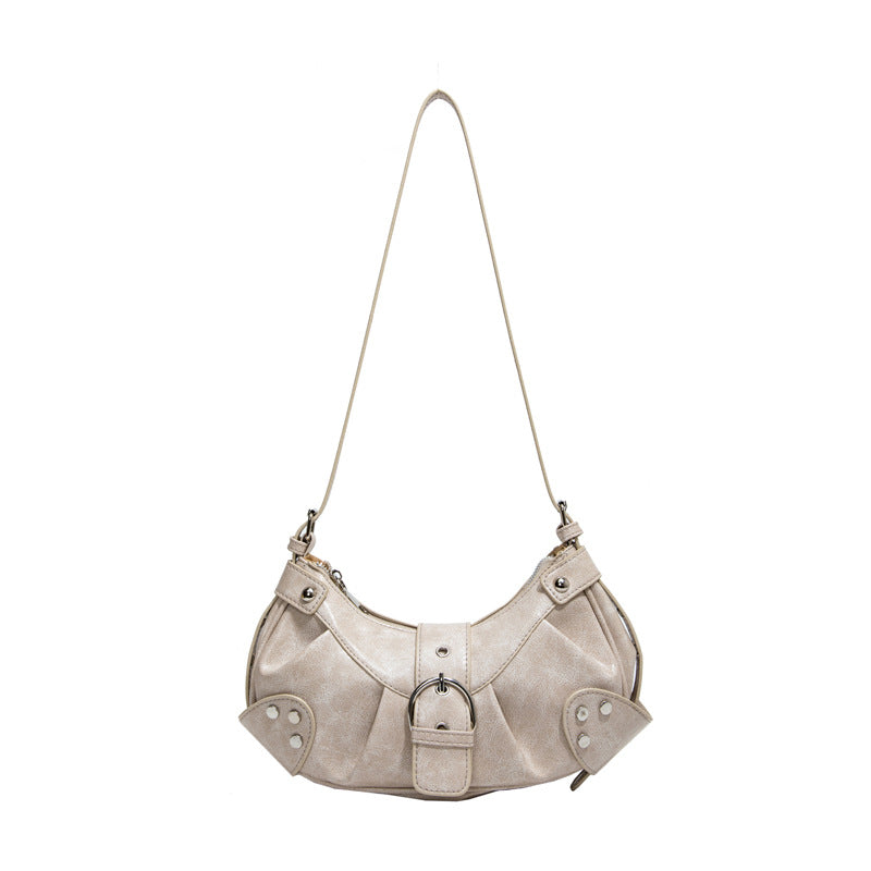 Retro Biker Style Shoulder Bag – Rivet Buckle Crescent Handbag
