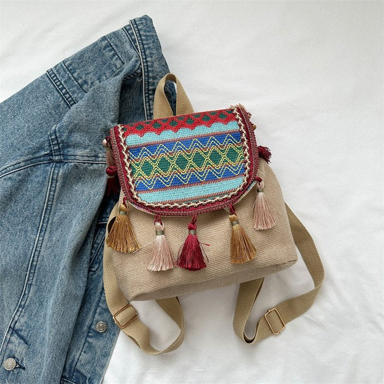 Boho Chic Embroidered Tassel Backpack – Vintage Ethnic Style for Free Spirits