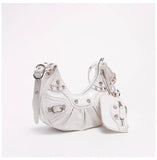 Black Croc Punk Shoulder Bag | Multi-Pocket Baguette with Chain & Heart Mirror Charm