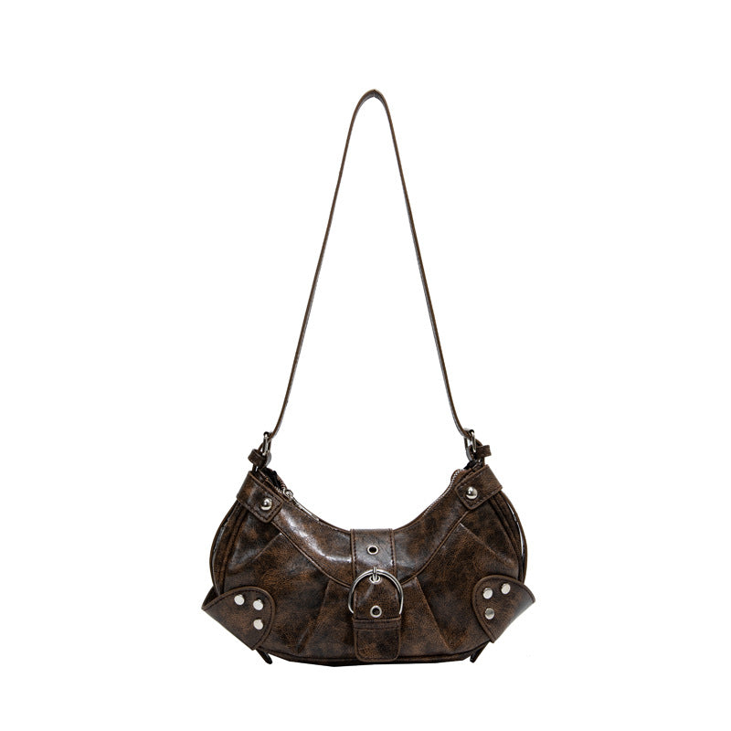 Retro Biker Style Shoulder Bag – Rivet Buckle Crescent Handbag