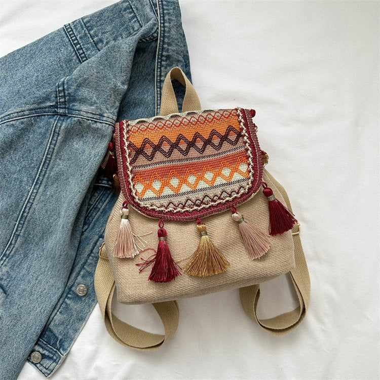 Boho Chic Embroidered Tassel Backpack – Vintage Ethnic Style for Free Spirits