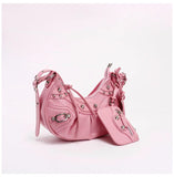Black Croc Punk Shoulder Bag | Multi-Pocket Baguette with Chain & Heart Mirror Charm
